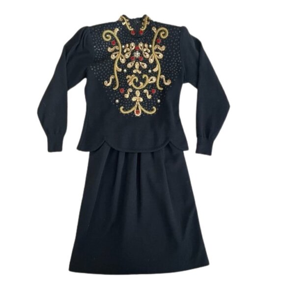 Vintage 80s black wool embellished peplum dress Ciao Ltd stones pearls sequins - Picture 1 of 11